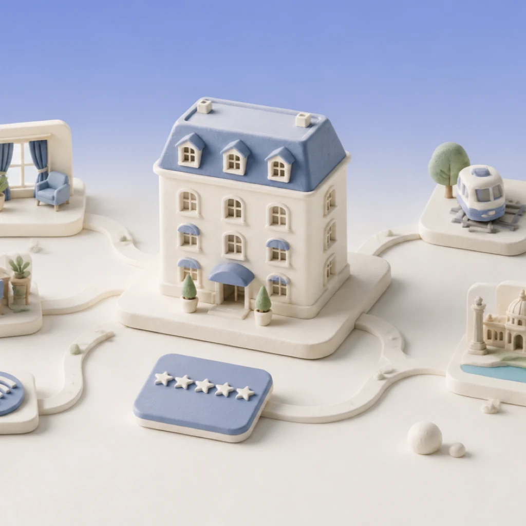 Conceptual illustration of an AI comparing hotel ratings with traveler needs, property context, and supporting evidence to explain why a property fits.