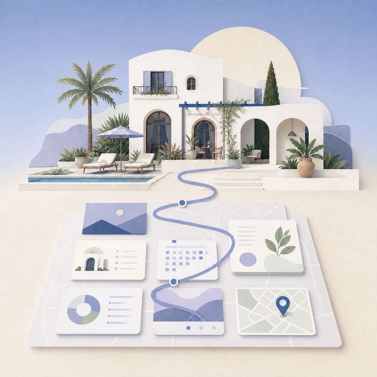 A complete hospitality place beneath a GoVisit-blue sky and above precise information cards for traveler AI agents.