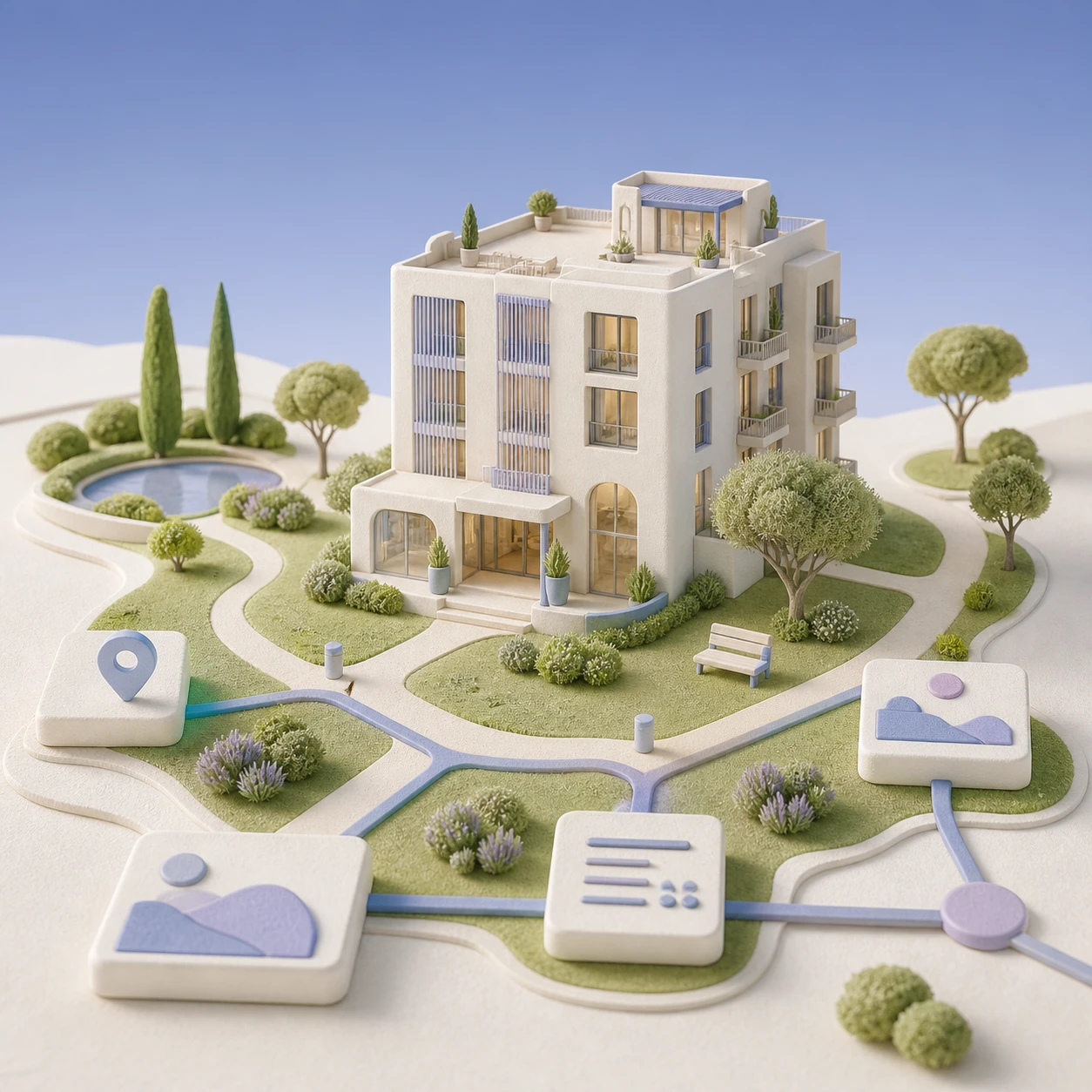 A soft 3D diorama of a hotel in a green park, with walkable paths and connected information tiles representing AI discoverability.