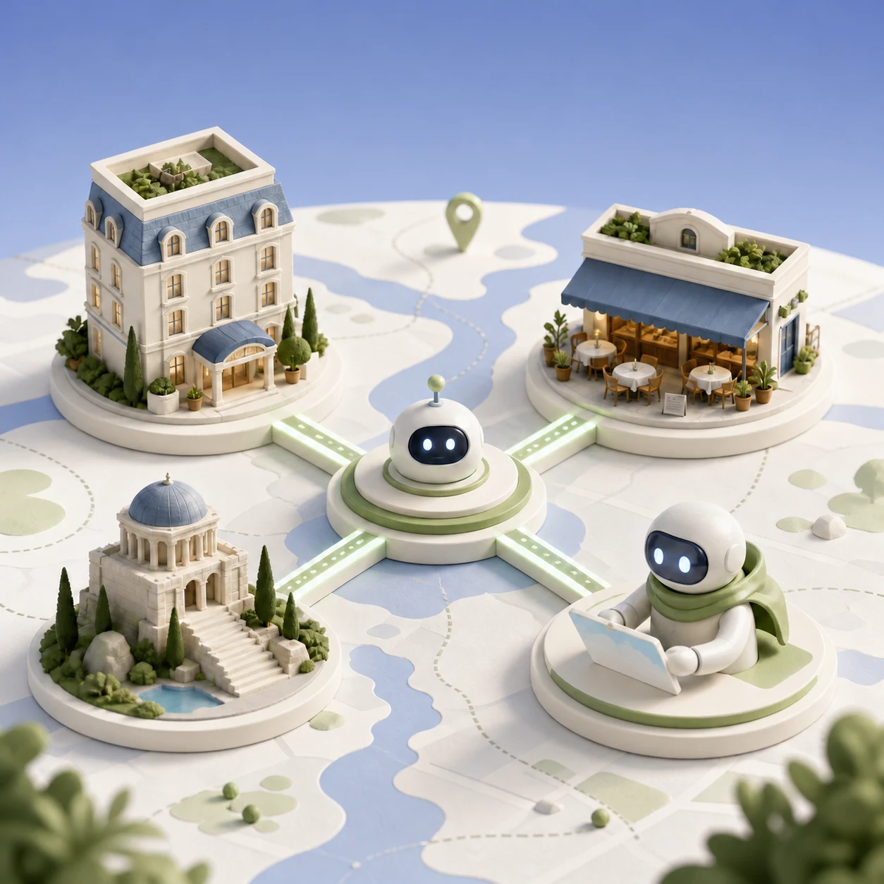 A soft 3D destination diorama connects a hotel, restaurant, attraction, experience, and AI assistant through a shared information network.
