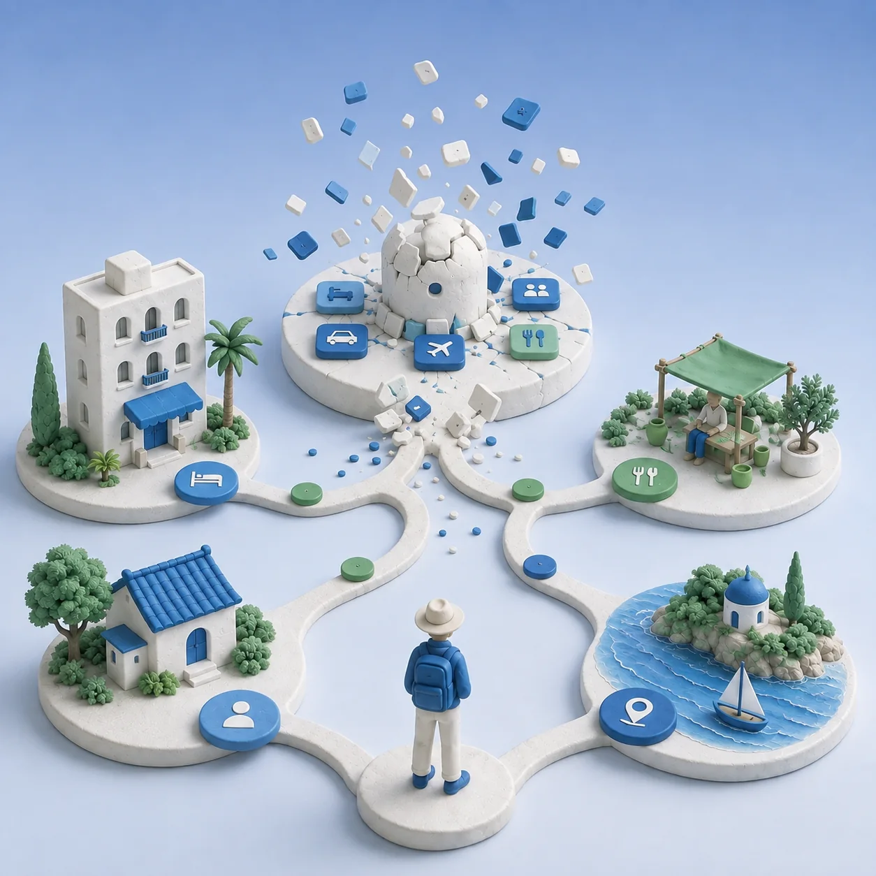 GoVisit illustration of agentic travel distribution connecting a traveler with hotels, restaurants, and local experiences through a network of direct paths