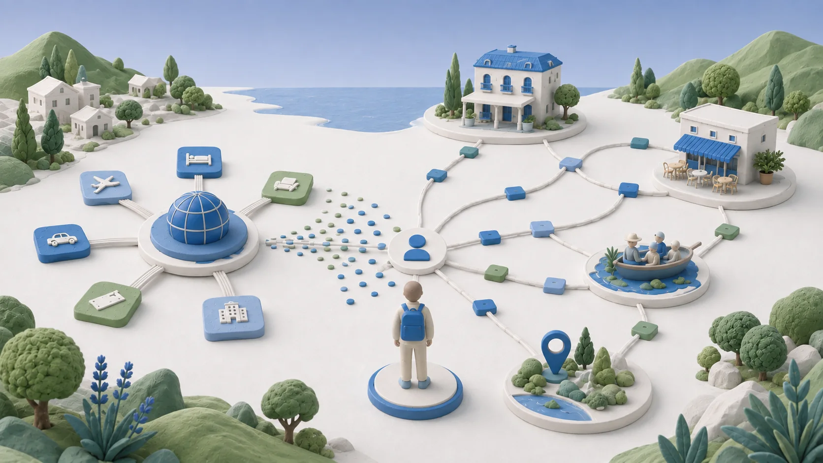 GoVisit illustration of agentic travel distribution connecting a traveler with a hotel, restaurant, and local experiences through a network of direct paths