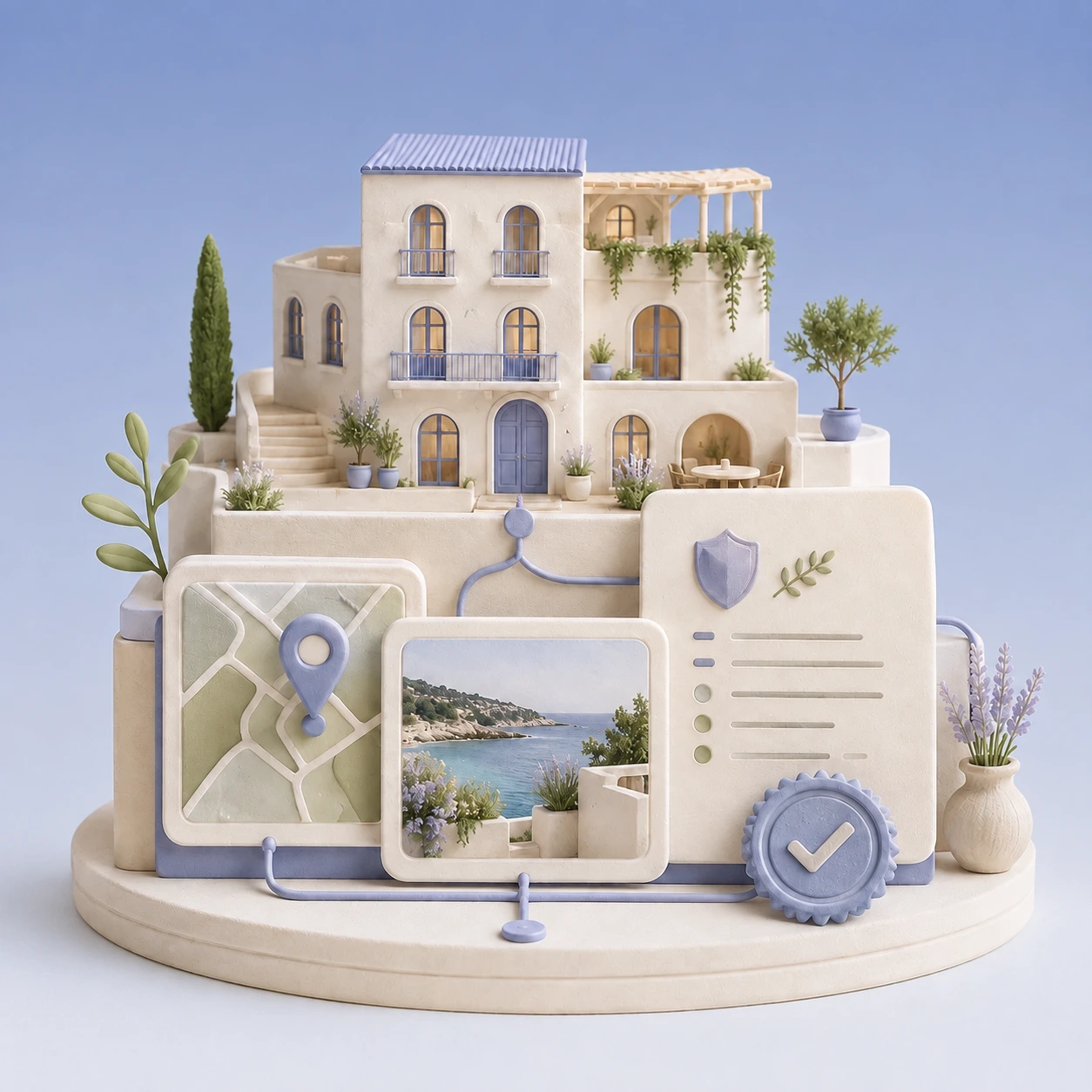 A miniature hotel connected to a map, image, and verification record representing owned business evidence