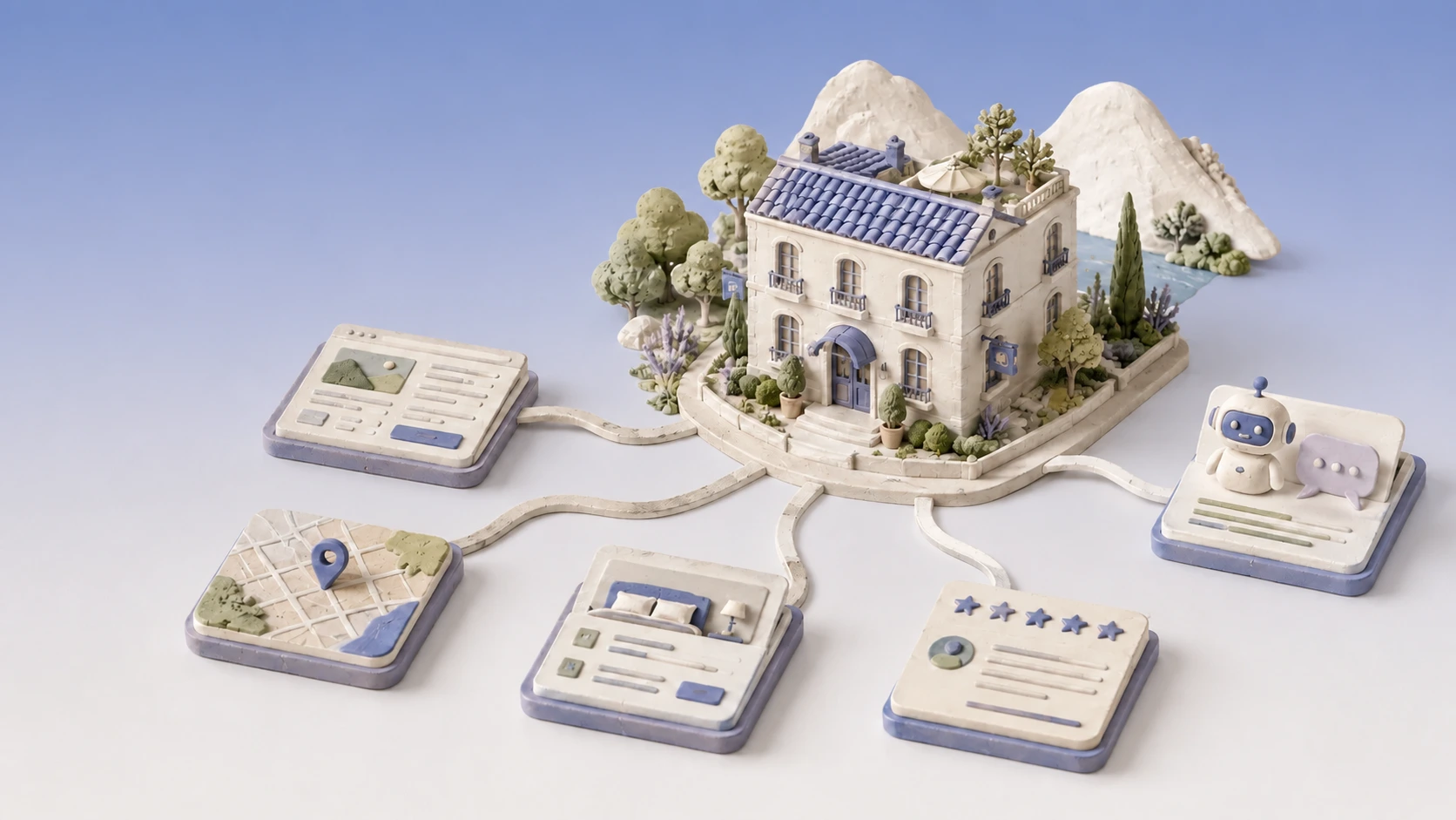 A miniature hotel connected to map, website, review, and AI information cards
