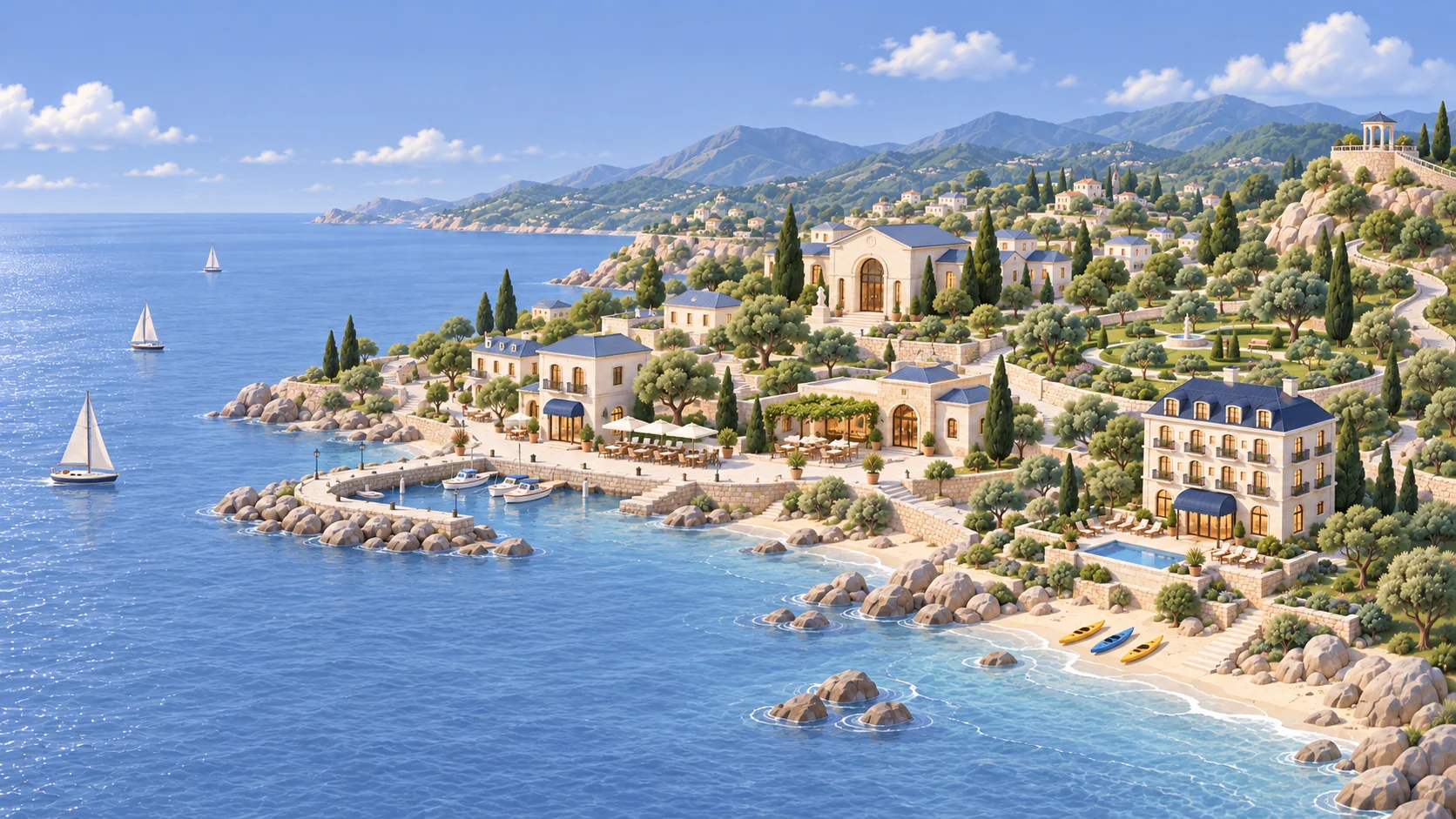 A coastal destination brings together a boutique hotel, waterfront cafés and restaurants, a cultural attraction, a public garden, a marina, and a beach with kayaks.