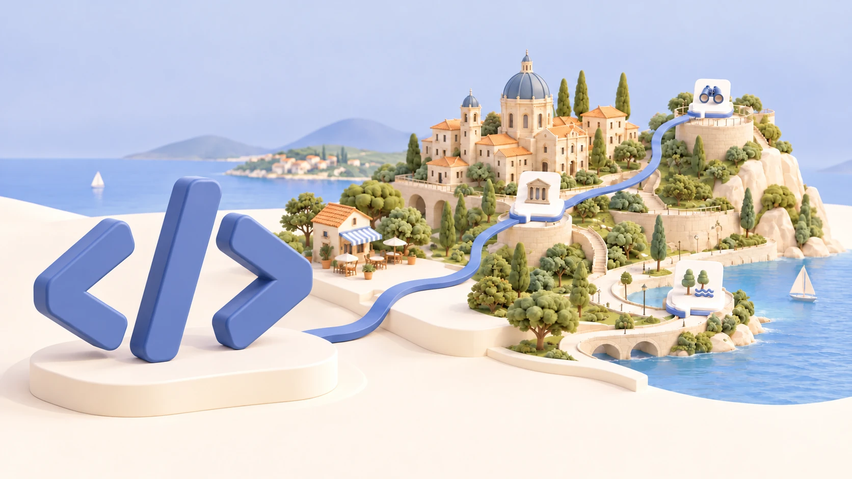 A large sculpted blue code symbol on an ivory plinth stands before a miniature destination, with a blue path connecting places and activities.