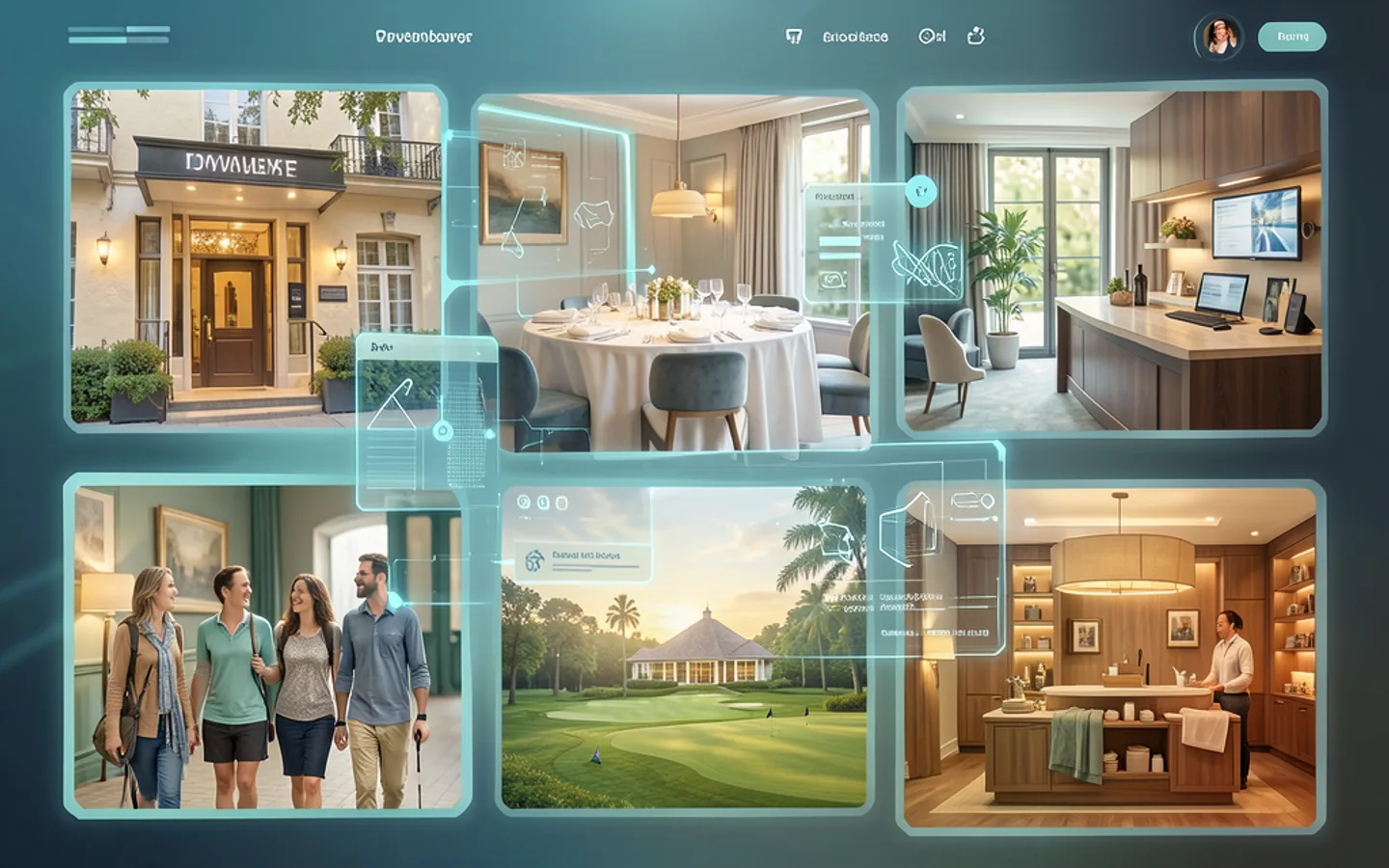 AI discovery pohled napříč hospitality podniky včetně hotelu, restaurace, tour skupiny, golfového areálu a spa