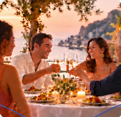 Travelers sharing a dinner by the water