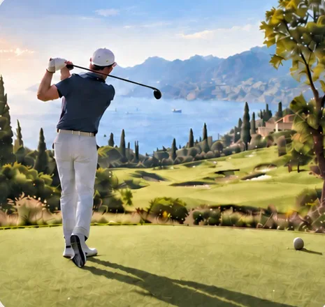 Golf course overlooking a mountain landscape
