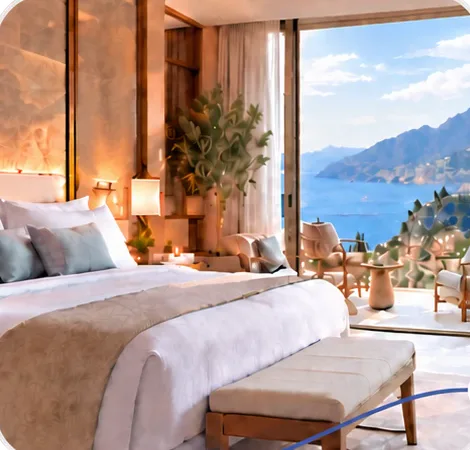 Hotel room overlooking a mountain lake