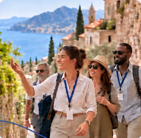 Guided travelers exploring a lakeside town