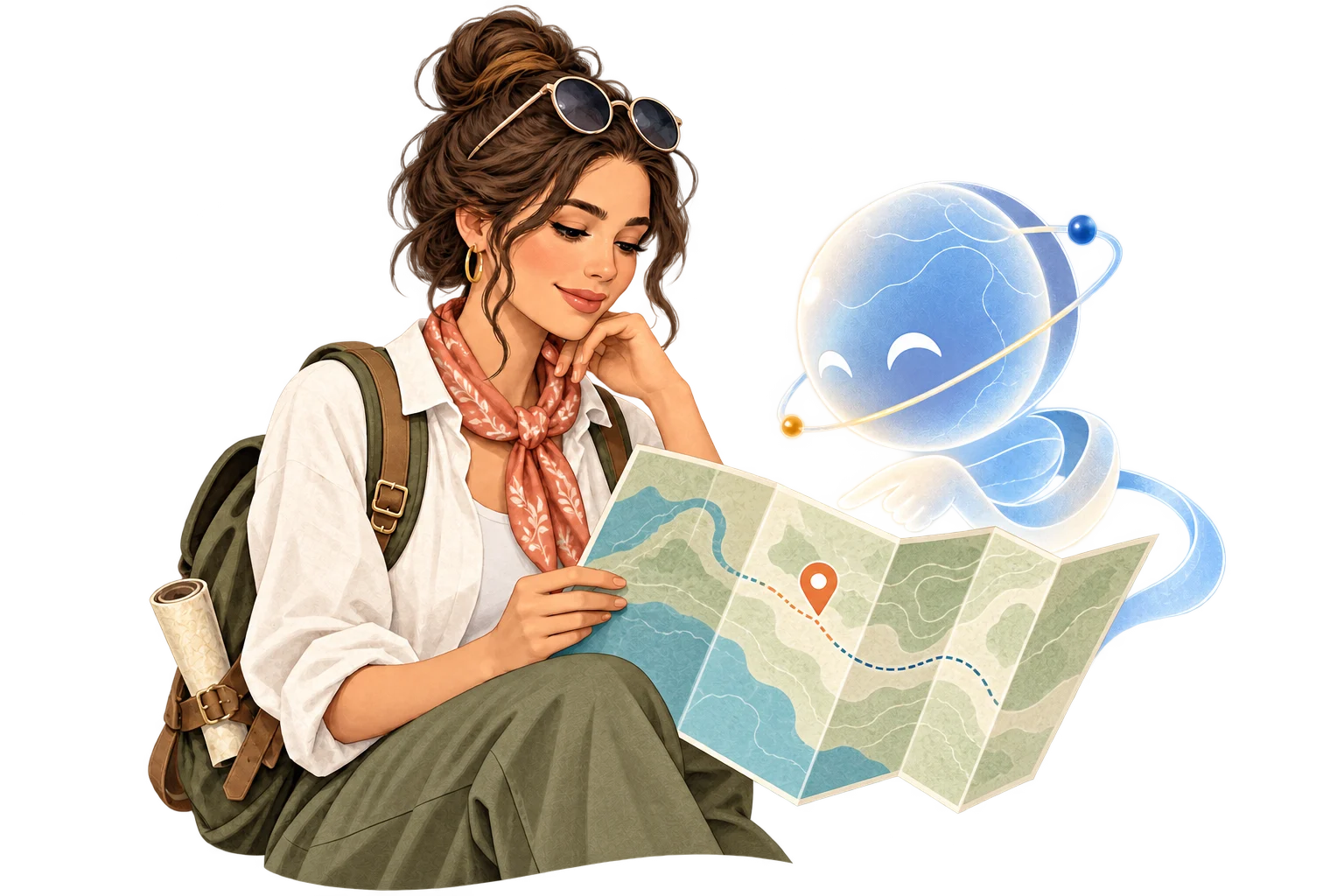 Editorial illustration of a traveler and AI travel agent connecting a map to local experiences