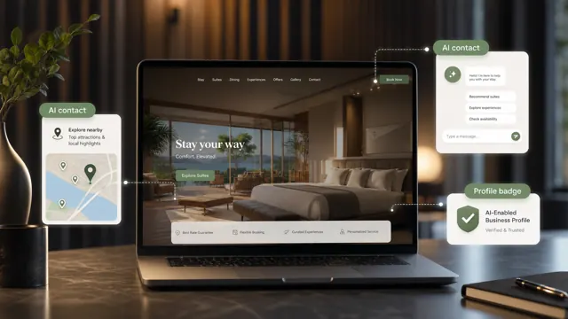 Illustration of a website with AI contact, destination map, and profile badge.