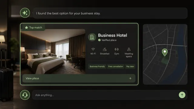 Illustration of an AI assistant highlighting a verified place result.